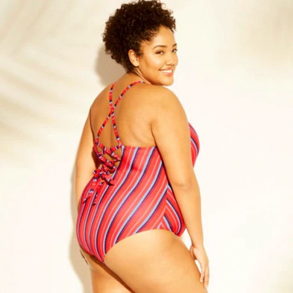Swimsuit NWT Plus 2X 20 20W Red Striped Lace Up Back Swim Bathing Suit NEW NWT - Picture 2 of 3